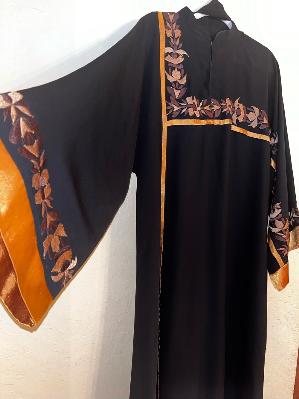 Black Abaya With Orange Floral Trim